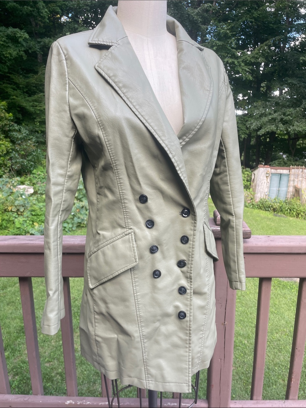 Sage Green asymmetrical Double-Breasted faux leather trench coat